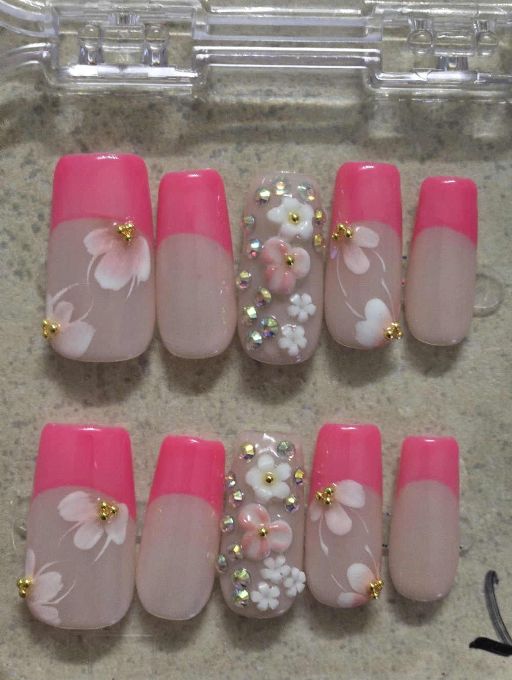 Pink Floral Press-On Nails Set with Rhinestones,  Medium Length Square Shape